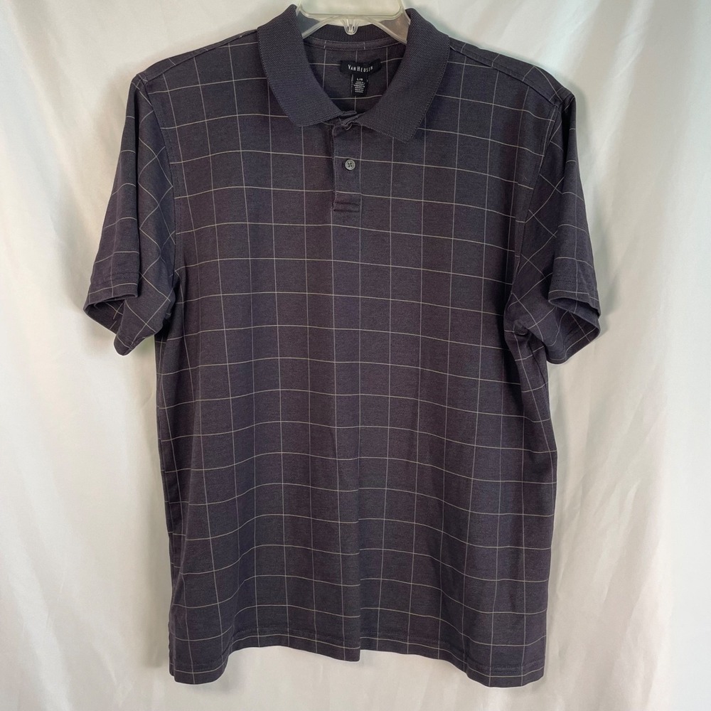 Van Heusen Flex Polo Shirt Regular Large Gray Checked‎ Cotton Polyester Men's